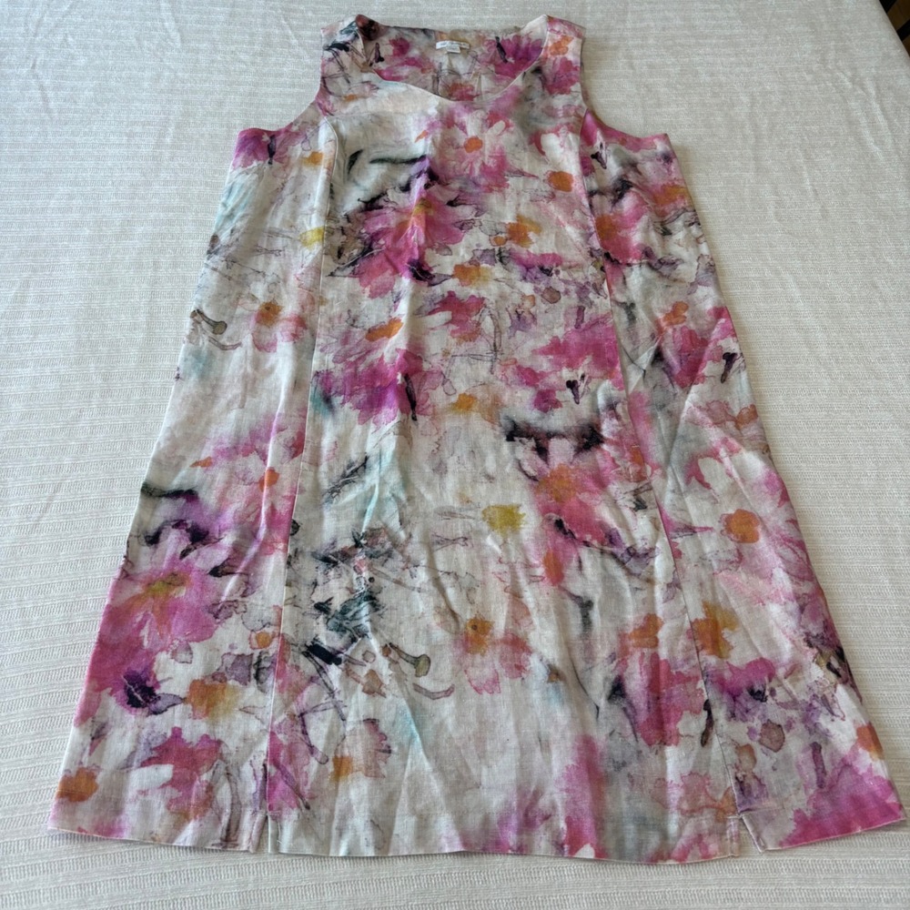 Pure Jill Linen Watercolor Floral Shift Dress Pink Orange V-Neck Small WDR090921
